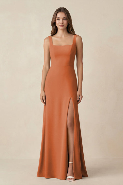 Square Neck A-Line Bridesmaid Dress With Slit in Terracotta - KissProm BRIDESMAID DRESSES