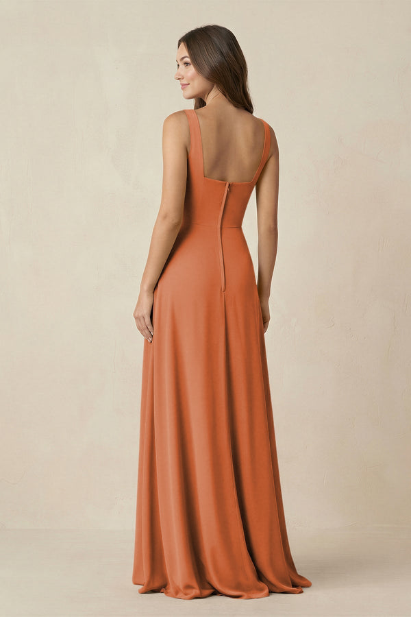 Square Neck A-Line Bridesmaid Dress With Slit in Terracotta - KissProm BRIDESMAID DRESSES