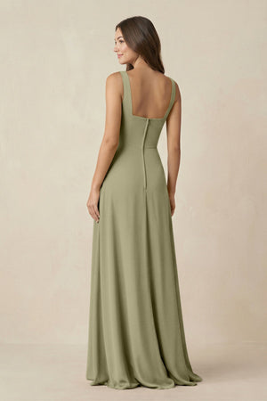 Square Neck A-Line Bridesmaid Dress With Slit in Thyme - KissProm BRIDESMAID DRESSES