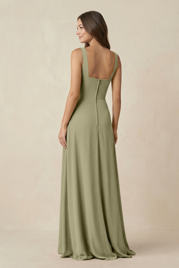Square Neck A-Line Bridesmaid Dress With Slit in Thyme - KissProm BRIDESMAID DRESSES