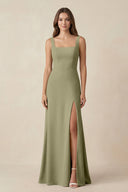 Square Neck A-Line Bridesmaid Dress With Slit in Thyme - KissProm BRIDESMAID DRESSES