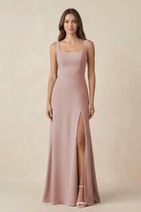 Square Neck A-Line Bridesmaid Dress With Slit in Toffee - KissProm BRIDESMAID DRESSES