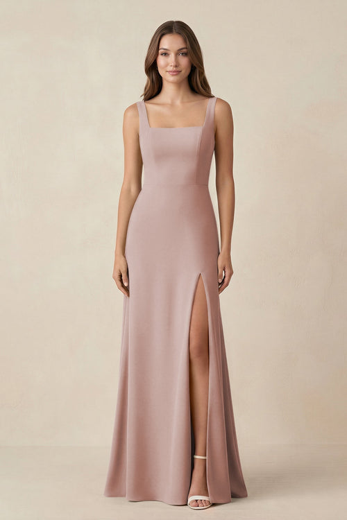 Square Neck A-Line Bridesmaid Dress With Slit in Toffee - KissProm BRIDESMAID DRESSES