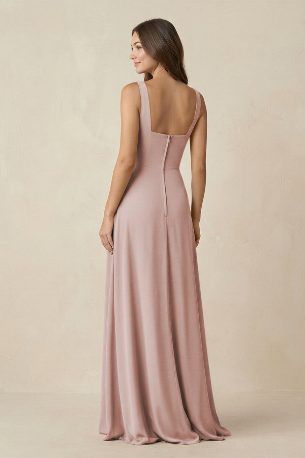 Square Neck A-Line Bridesmaid Dress With Slit in Toffee - KissProm BRIDESMAID DRESSES