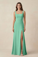 Square Neck A-Line Bridesmaid Dress With Slit in Turquoise - KissProm BRIDESMAID DRESSES