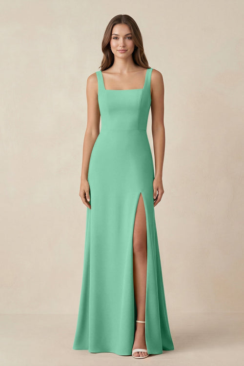 Square Neck A-Line Bridesmaid Dress With Slit in Turquoise - KissProm BRIDESMAID DRESSES