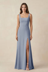 Square Neck A-Line Bridesmaid Dress With Slit in Twilight - KissProm BRIDESMAID DRESSES