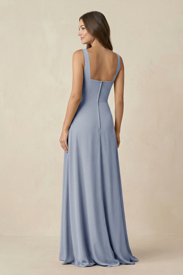 Square Neck A-Line Bridesmaid Dress With Slit in Twilight - KissProm BRIDESMAID DRESSES