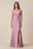 Square Neck A-Line Bridesmaid Dress With Slit in Vintage Mauve - KissProm BRIDESMAID DRESSES