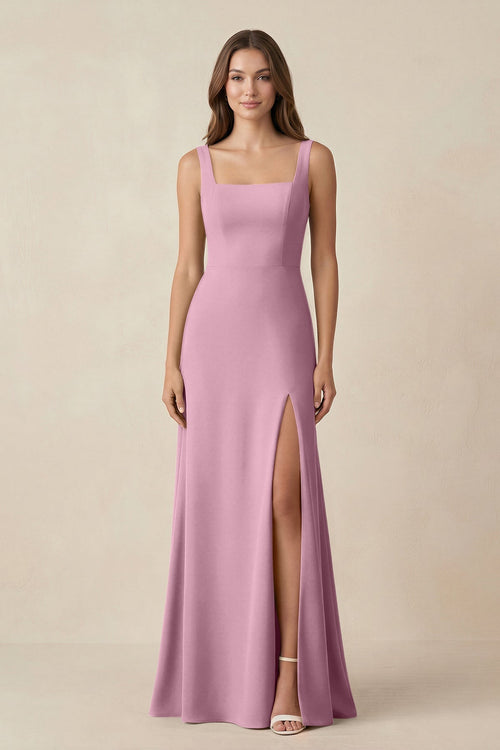 Square Neck A-Line Bridesmaid Dress With Slit in Vintage Mauve - KissProm BRIDESMAID DRESSES