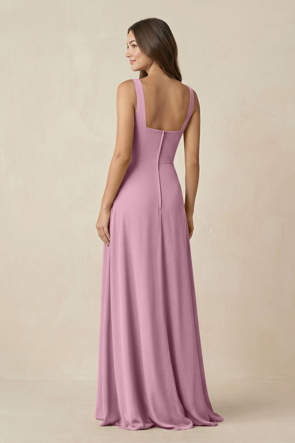 Square Neck A-Line Bridesmaid Dress With Slit in Vintage Mauve - KissProm BRIDESMAID DRESSES