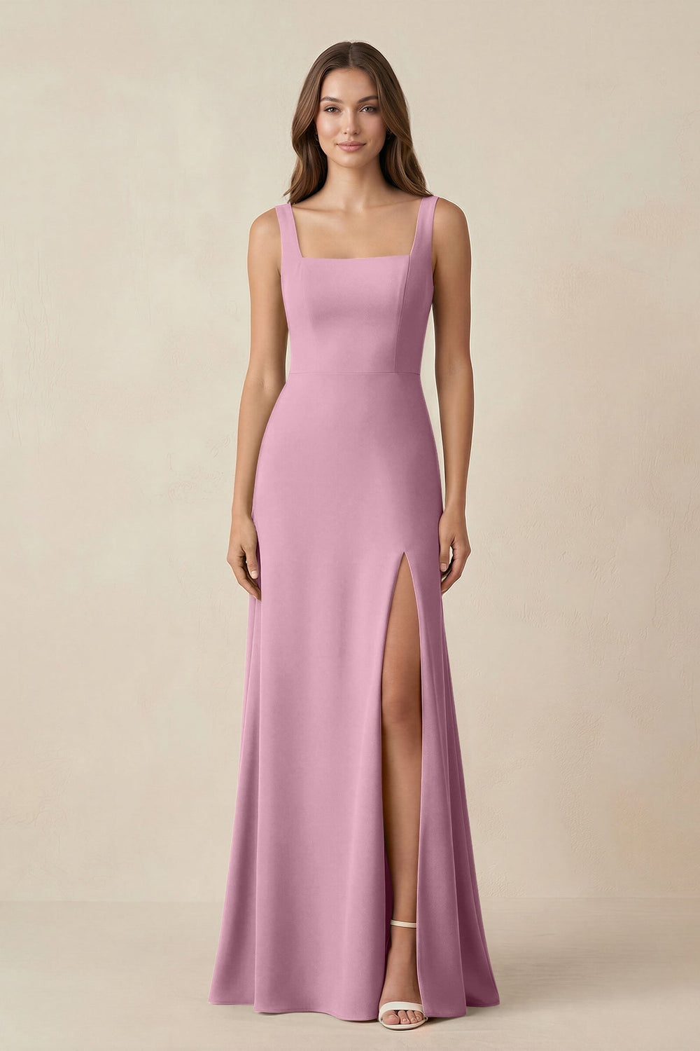 Square Neck A-Line Bridesmaid Dress With Slit in Vintage Mauve - KissProm BRIDESMAID DRESSES