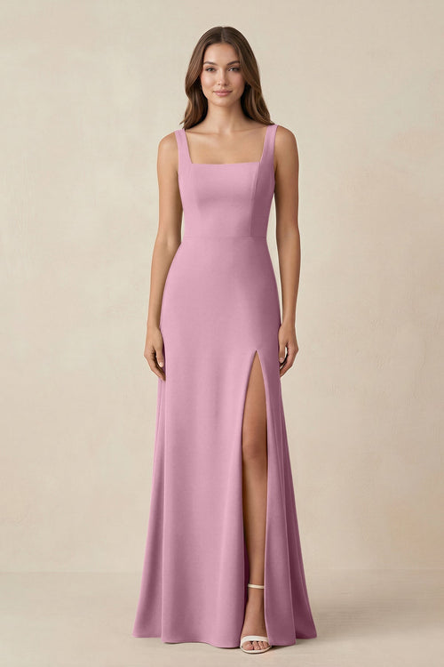Square Neck A-Line Bridesmaid Dress With Slit in Vintage Mauve - KissProm BRIDESMAID DRESSES