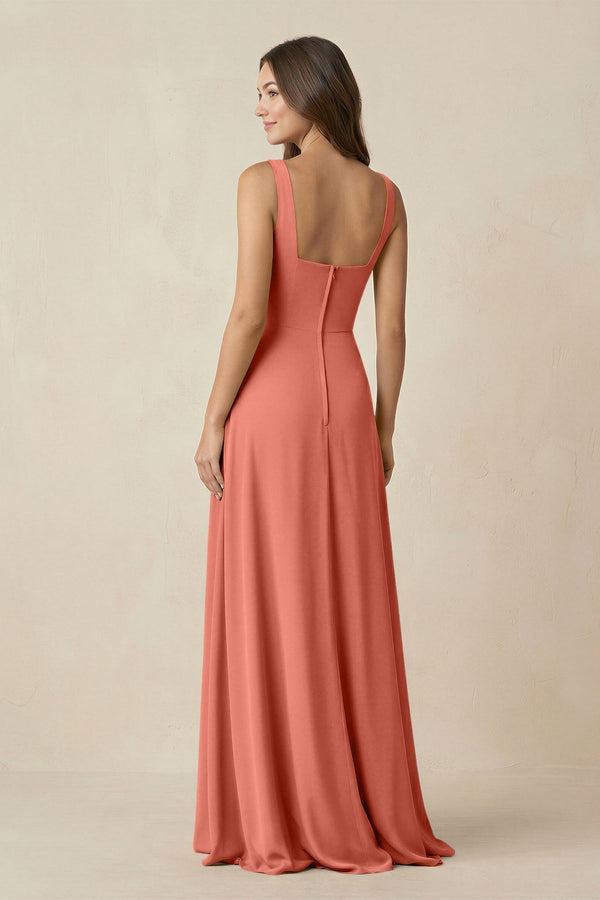 Square Neck A-Line Bridesmaid Dress With Slit in Wild Rose - KissProm BRIDESMAID DRESSES