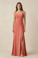 Square Neck A-Line Bridesmaid Dress With Slit in Wild Rose - KissProm BRIDESMAID DRESSES