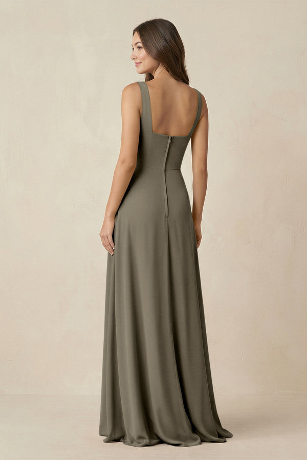 Square Neck A-Line Bridesmaid Dress With Slit in Willow Green - KissProm BRIDESMAID DRESSES