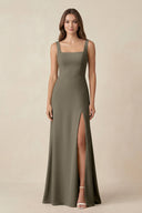 Square Neck A-Line Bridesmaid Dress With Slit in Willow Green - KissProm BRIDESMAID DRESSES
