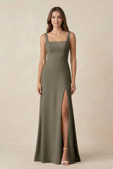 Square Neck A-Line Bridesmaid Dress With Slit in Willow Green - KissProm BRIDESMAID DRESSES