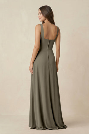 Square Neck A-Line Bridesmaid Dress With Slit in Willow Green - KissProm BRIDESMAID DRESSES