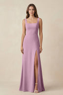 Square Neck A-Line Bridesmaid Dress With Slit in Wisteria - KissProm BRIDESMAID DRESSES