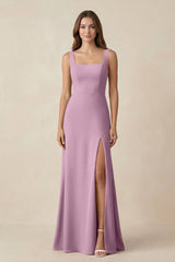 Square Neck A-Line Bridesmaid Dress With Slit in Wisteria - KissProm BRIDESMAID DRESSES