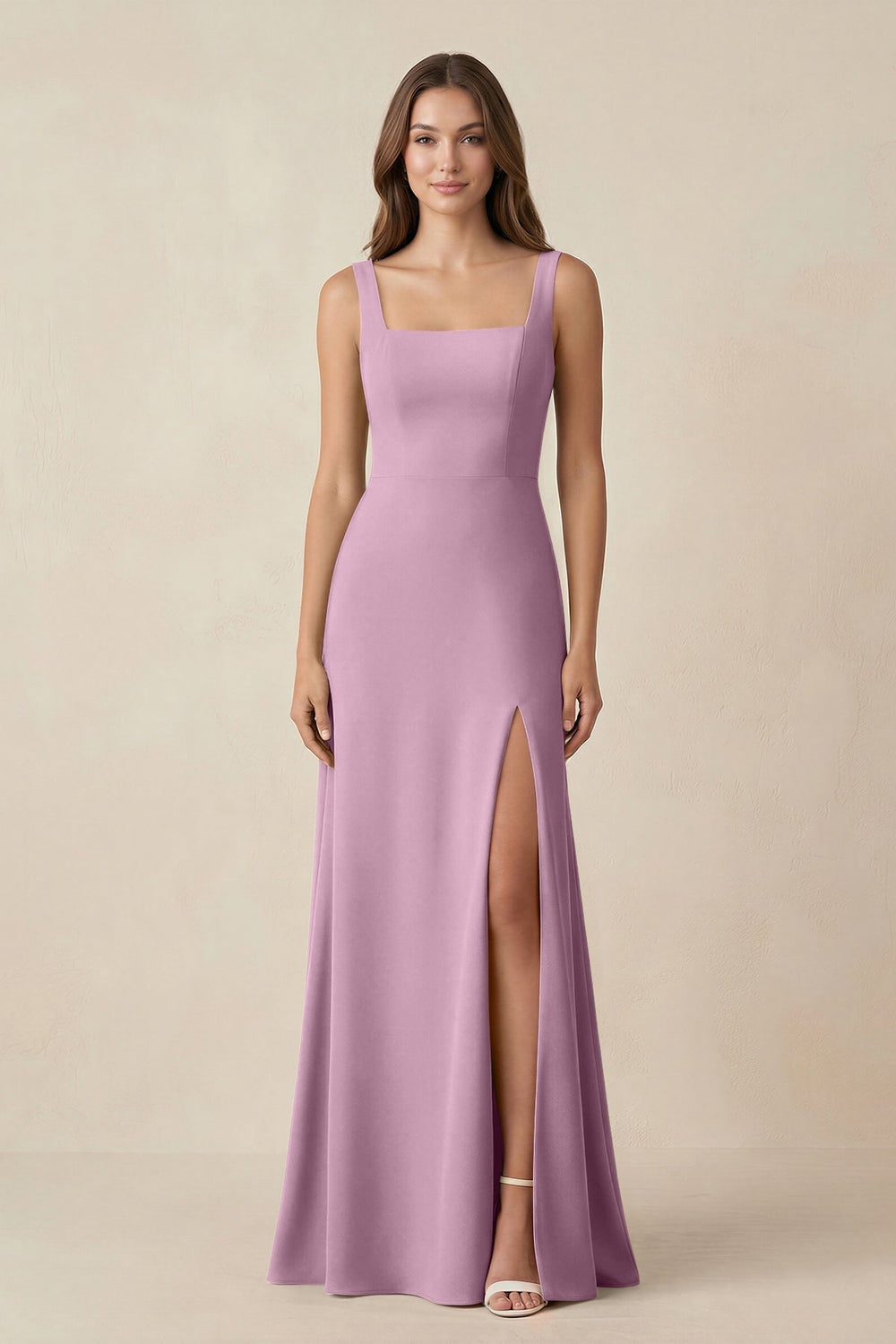 Square Neck A-Line Bridesmaid Dress With Slit in Wisteria - KissProm BRIDESMAID DRESSES