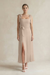 Square Neck A - Line Chiffon Midi Bridesmaid Dress with Bow in Almond - KissProm Bridesmaid Dresses