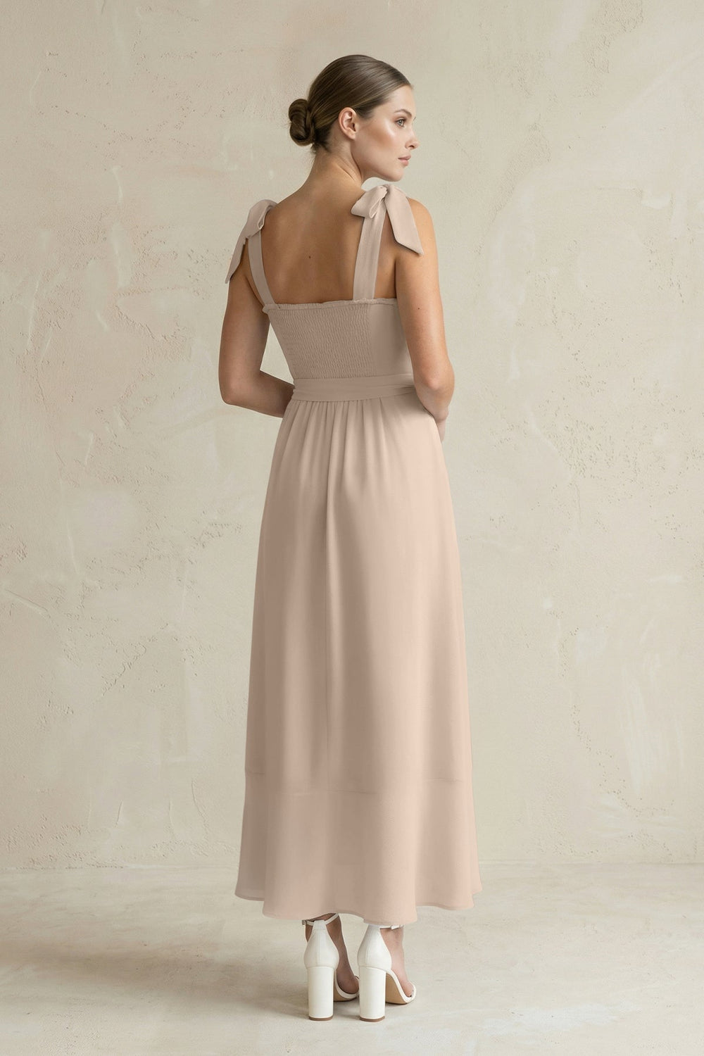 Square Neck A - Line Chiffon Midi Bridesmaid Dress with Bow in Almond - KissProm Bridesmaid Dresses