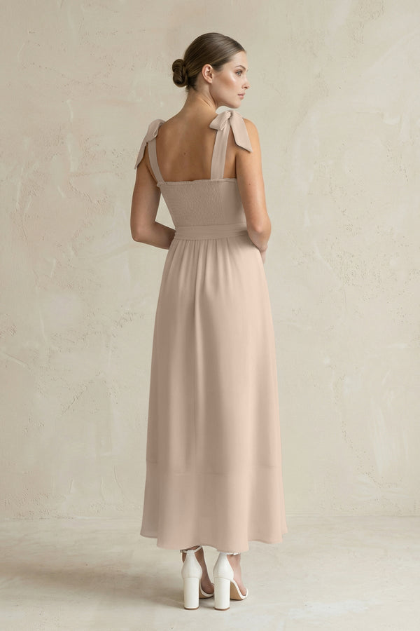 Square Neck A - Line Chiffon Midi Bridesmaid Dress with Bow in Almond - KissProm Bridesmaid Dresses
