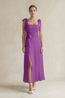 Square Neck A - Line Chiffon Midi Bridesmaid Dress with Bow in Amethyst - KissProm Bridesmaid Dresses