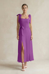 Square Neck A - Line Chiffon Midi Bridesmaid Dress with Bow in Amethyst - KissProm Bridesmaid Dresses