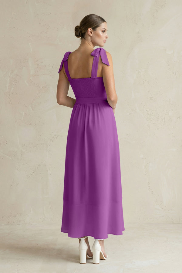 Square Neck A - Line Chiffon Midi Bridesmaid Dress with Bow in Amethyst - KissProm Bridesmaid Dresses