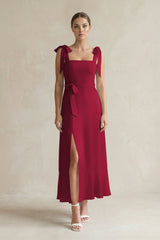 Square Neck A - Line Chiffon Midi Bridesmaid Dress with Bow in Berry - KissProm Bridesmaid Dresses