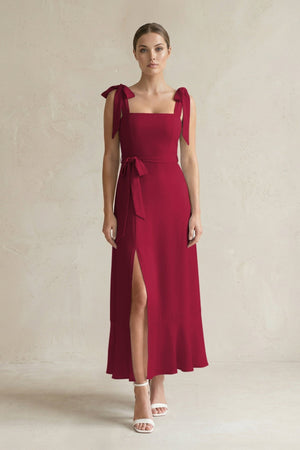 Square Neck A - Line Chiffon Midi Bridesmaid Dress with Bow in Berry - KissProm Bridesmaid Dresses