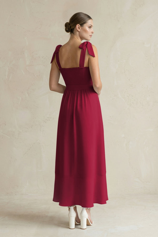 Square Neck A - Line Chiffon Midi Bridesmaid Dress with Bow in Berry - KissProm Bridesmaid Dresses