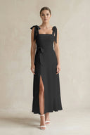 Square Neck A - Line Chiffon Midi Bridesmaid Dress with Bow in Black - KissProm Bridesmaid Dresses