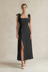 Square Neck A - Line Chiffon Midi Bridesmaid Dress with Bow in Black - KissProm Bridesmaid Dresses