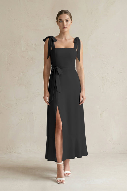 Square Neck A - Line Chiffon Midi Bridesmaid Dress with Bow in Black - KissProm Bridesmaid Dresses