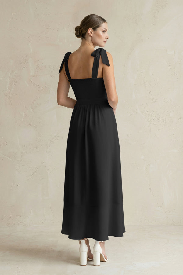 Square Neck A - Line Chiffon Midi Bridesmaid Dress with Bow in Black - KissProm Bridesmaid Dresses