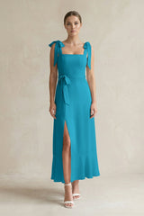 Square Neck A - Line Chiffon Midi Bridesmaid Dress with Bow in Blue Jay - KissProm Bridesmaid Dresses