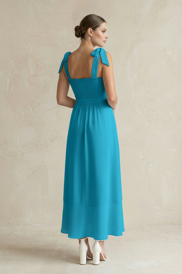 Square Neck A - Line Chiffon Midi Bridesmaid Dress with Bow in Blue Jay - KissProm Bridesmaid Dresses