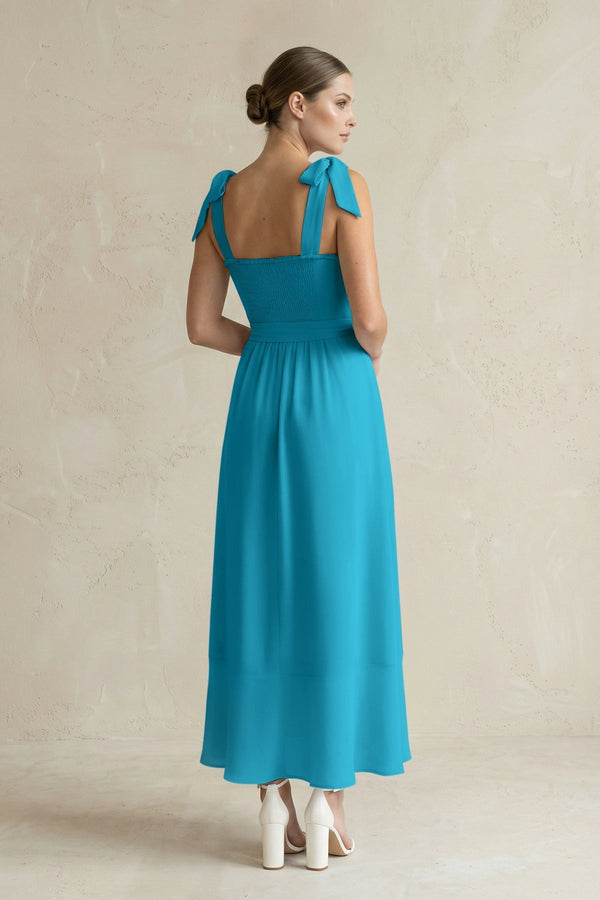 Square Neck A - Line Chiffon Midi Bridesmaid Dress with Bow in Blue Jay - KissProm Bridesmaid Dresses