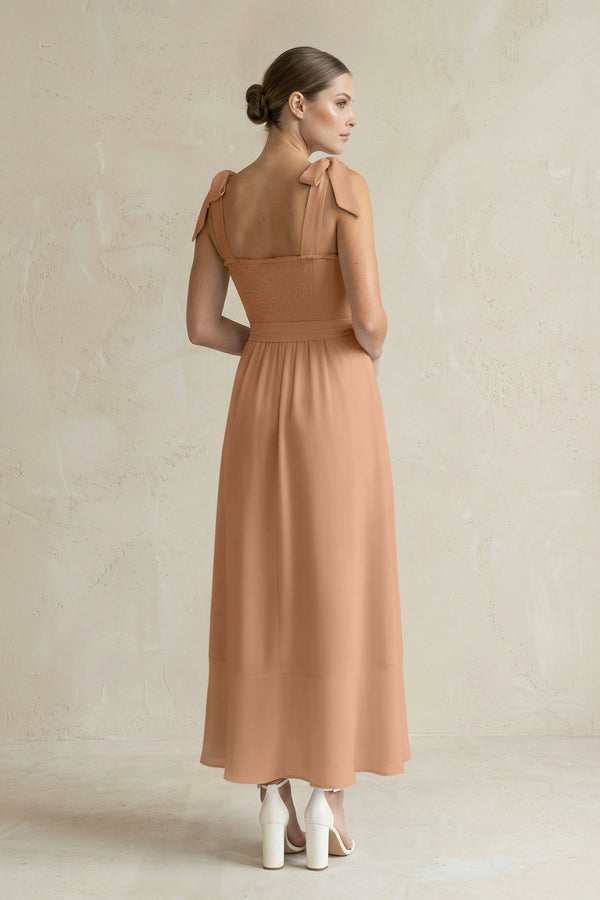 Square Neck A - Line Chiffon Midi Bridesmaid Dress with Bow in Bronzer - KissProm Bridesmaid Dresses