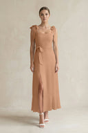 Square Neck A - Line Chiffon Midi Bridesmaid Dress with Bow in Bronzer - KissProm Bridesmaid Dresses
