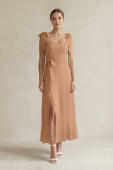 Square Neck A - Line Chiffon Midi Bridesmaid Dress with Bow in Bronzer - KissProm Bridesmaid Dresses