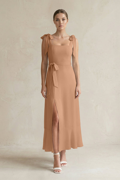 Square Neck A - Line Chiffon Midi Bridesmaid Dress with Bow in Bronzer - KissProm Bridesmaid Dresses