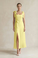 Square Neck A - Line Chiffon Midi Bridesmaid Dress with Bow in Buttercup - KissProm Bridesmaid Dresses