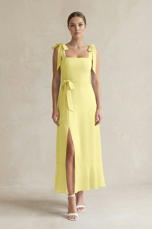Square Neck A - Line Chiffon Midi Bridesmaid Dress with Bow in Buttercup - KissProm Bridesmaid Dresses