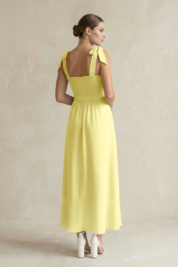 Square Neck A - Line Chiffon Midi Bridesmaid Dress with Bow in Buttercup - KissProm Bridesmaid Dresses