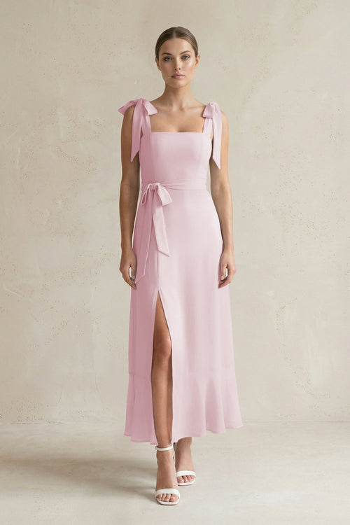 Square Neck A - Line Chiffon Midi Bridesmaid Dress with Bow in Candy Pink - KissProm Bridesmaid Dresses